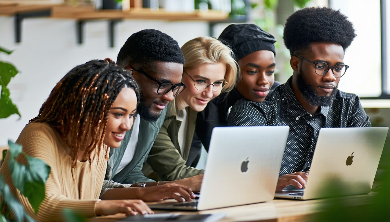 A diverse group of freelancers working on laptops,