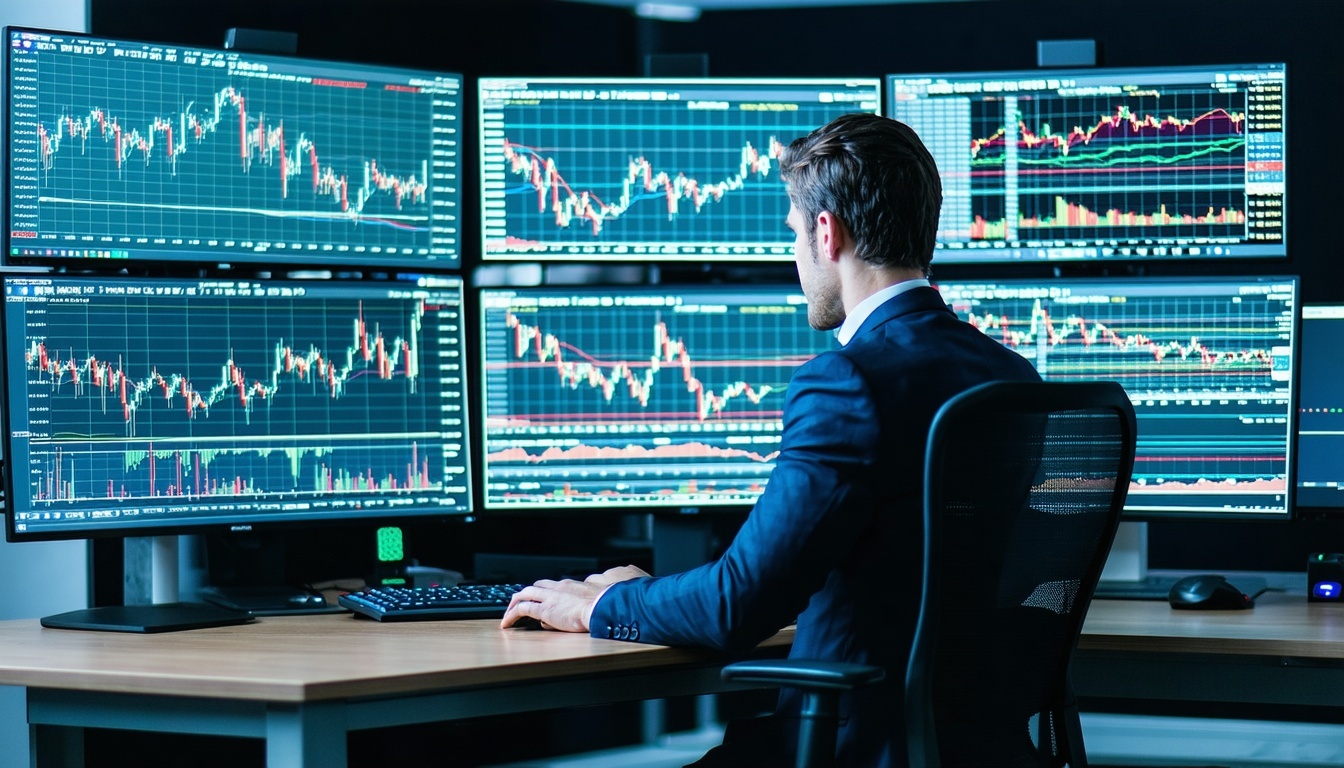 A trader analyzing forex charts on multiple screen