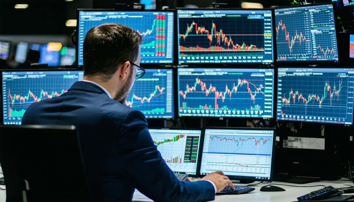 A trader analyzing stock market data on multiple s